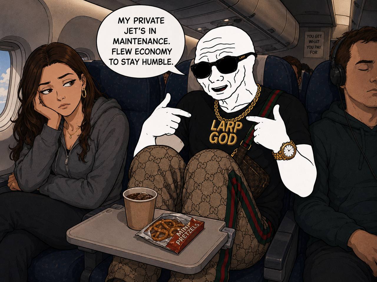 LARPGOD flying economy while claiming private jet maintenance.